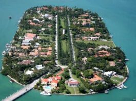 Image of Miami Star Island, a private island in Miami Beach that is home to some of the most expensive homes in the city. The island is known for its beautiful beaches, its celebrity residents, and its luxury homes.
